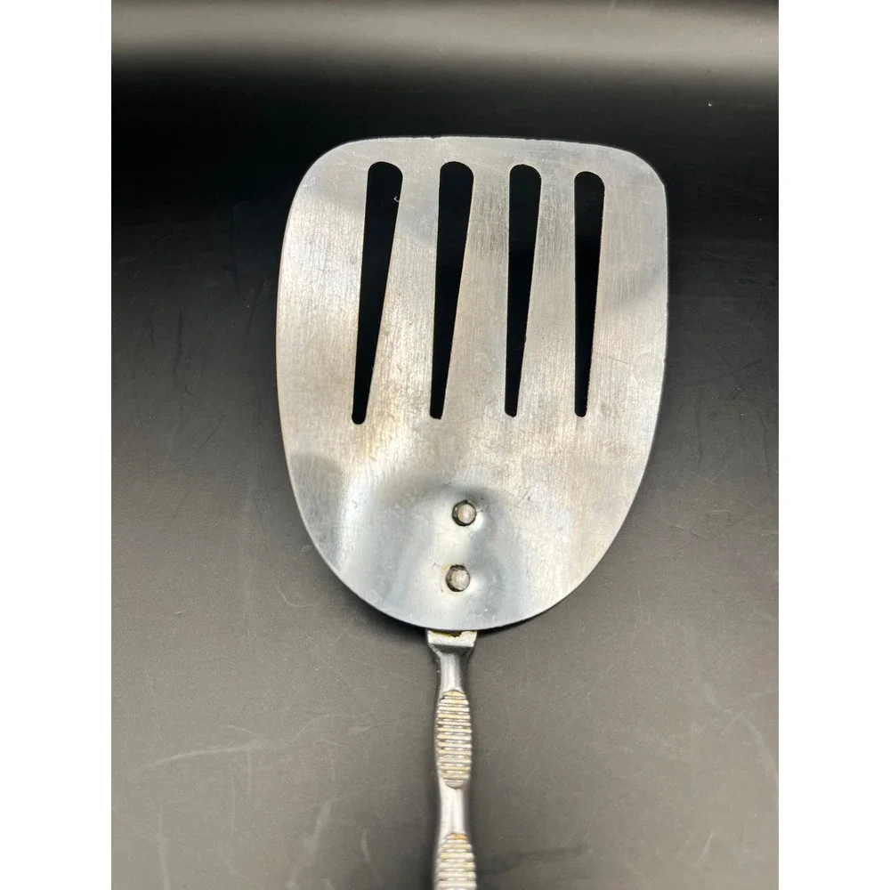 Vtg Kitchen Offset Slotted Spatula Red Handle Stainless Steel Utensil 12